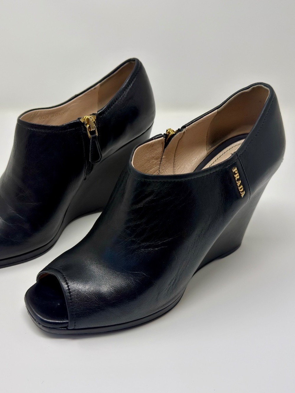 Prada black leather wedge peep toe bootie - Picture 2 of 10